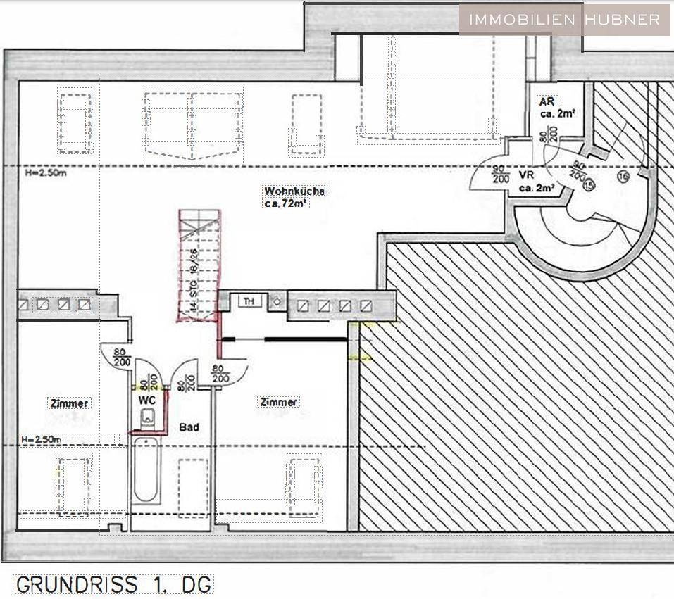 Grundriss des ersten Dachgeschosses mit Wohnküche, zwei Zimmern, Bad und separatem WC.