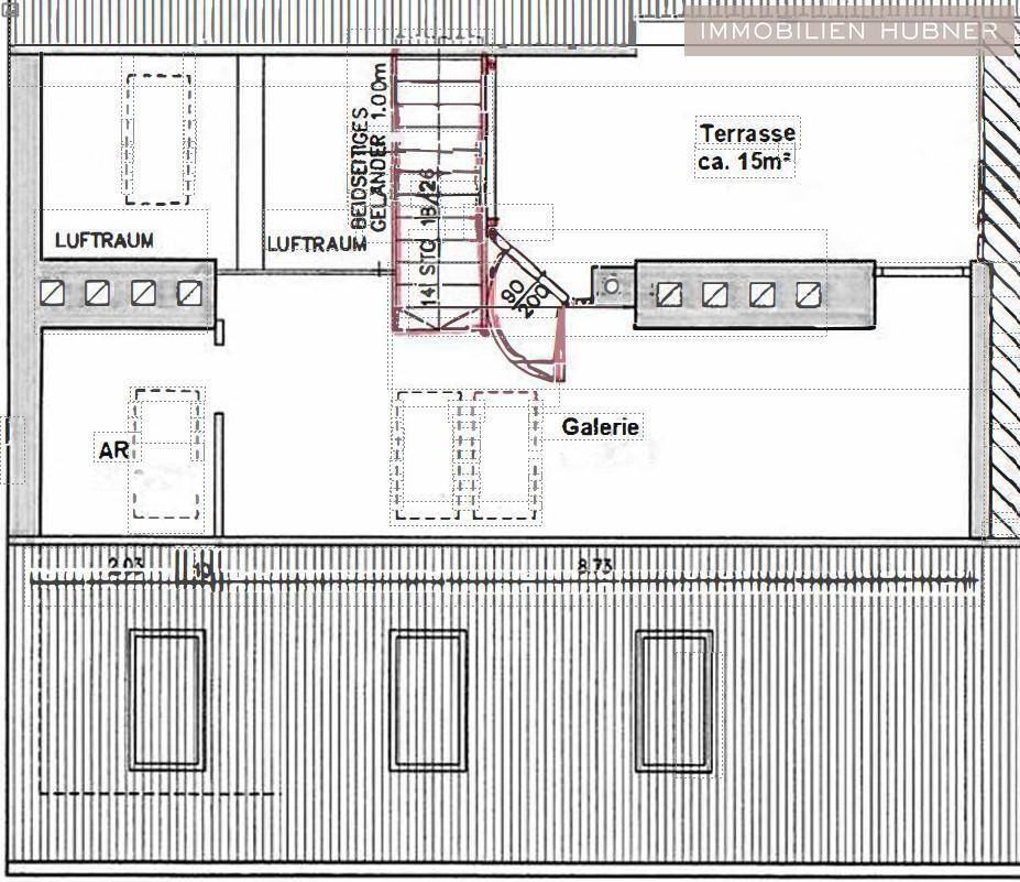 Grundriss des zweiten Dachgeschosses mit Galerie, Luftraum und einer großzügigen Terrasse von ca. 15m².