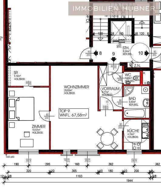 Grundriss einer Wohnung mit Wohnzimmer, Schlafzimmer, Küche, Bad und separatem WC.
