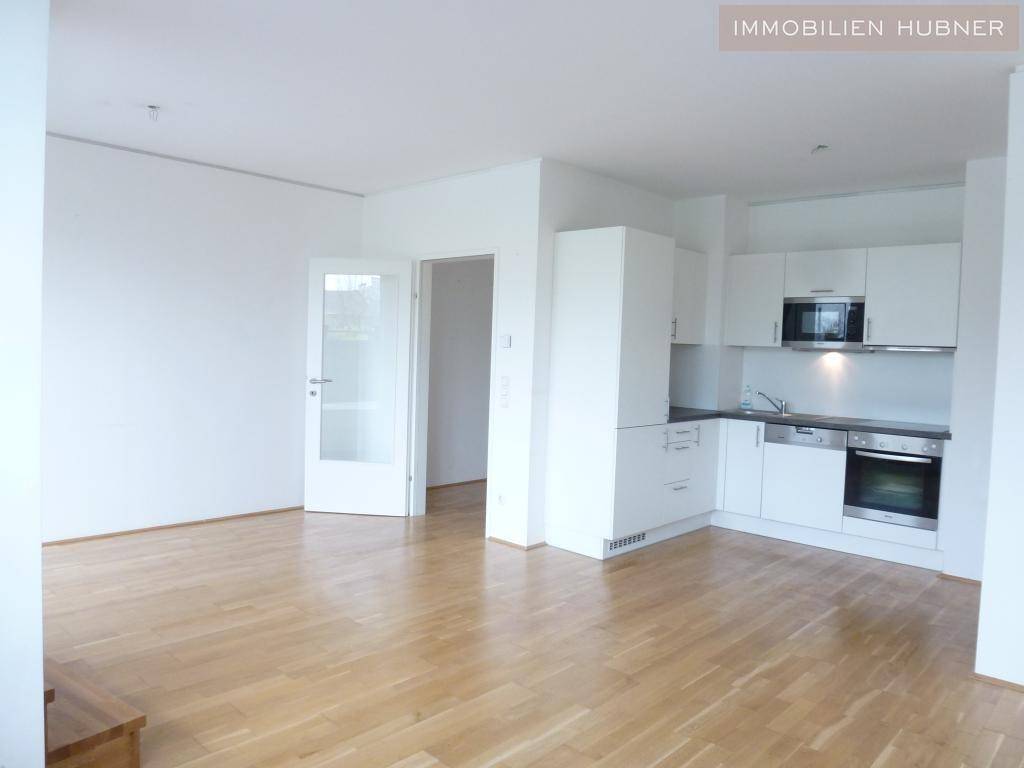 Offener Wohnbereich mit integrierter Küche, hellem Parkettboden und Zugang zu weiteren Räumen.