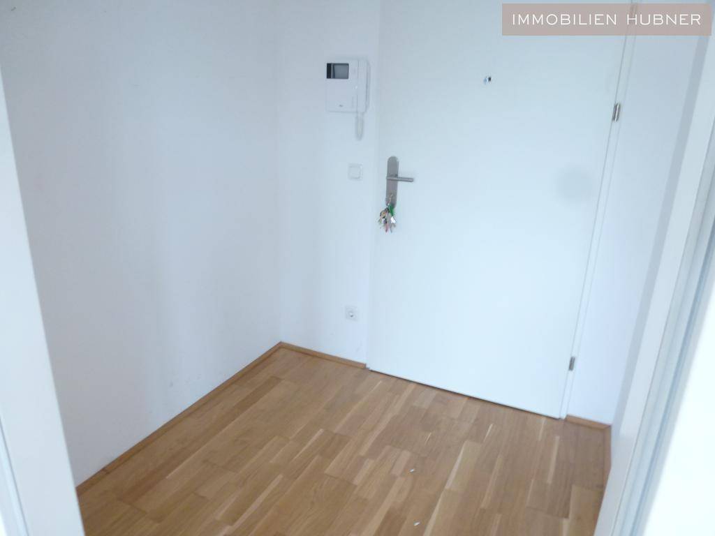 Eingangsbereich mit Holzboden und Gegensprechanlage, führt zu den Wohnräumen.