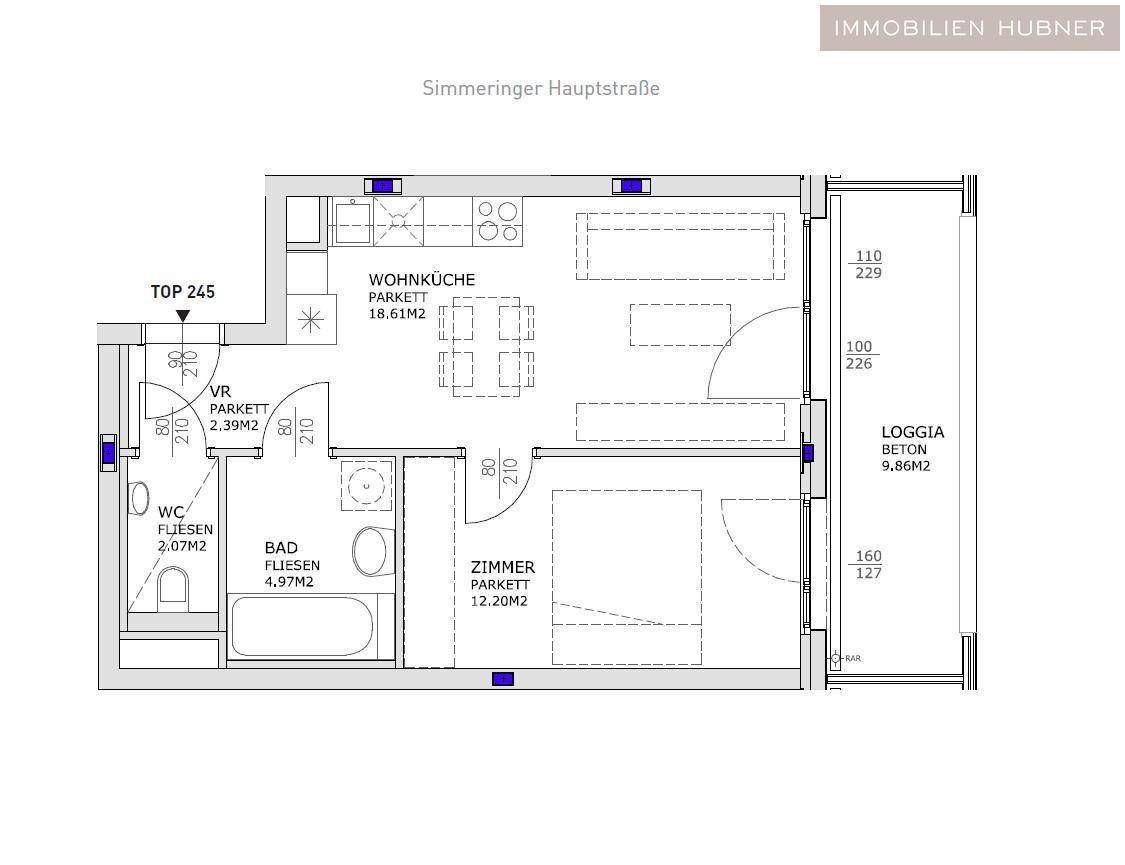 Grundriss der Wohnung mit Wohnküche, Zimmer, Bad, WC und Loggia.