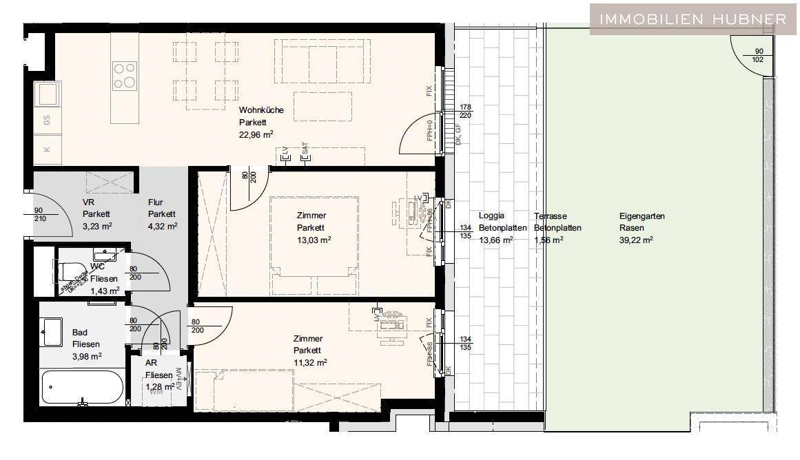 Grundriss einer Wohnung mit Wohnküche, zwei Zimmern, Loggia, Terrasse und Eigengarten.