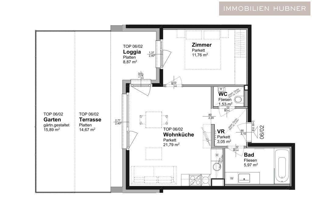 Grundriss der Wohnung mit Wohnküche, Zimmer, Bad, separatem WC, Loggia, Terrasse und Garten.