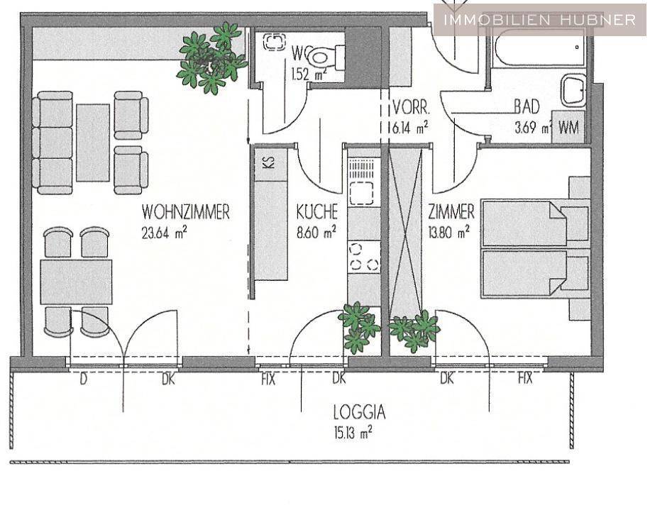 Grundriss einer Wohnung mit Wohnzimmer, Küche, Schlafzimmer, Bad, WC und Loggia.