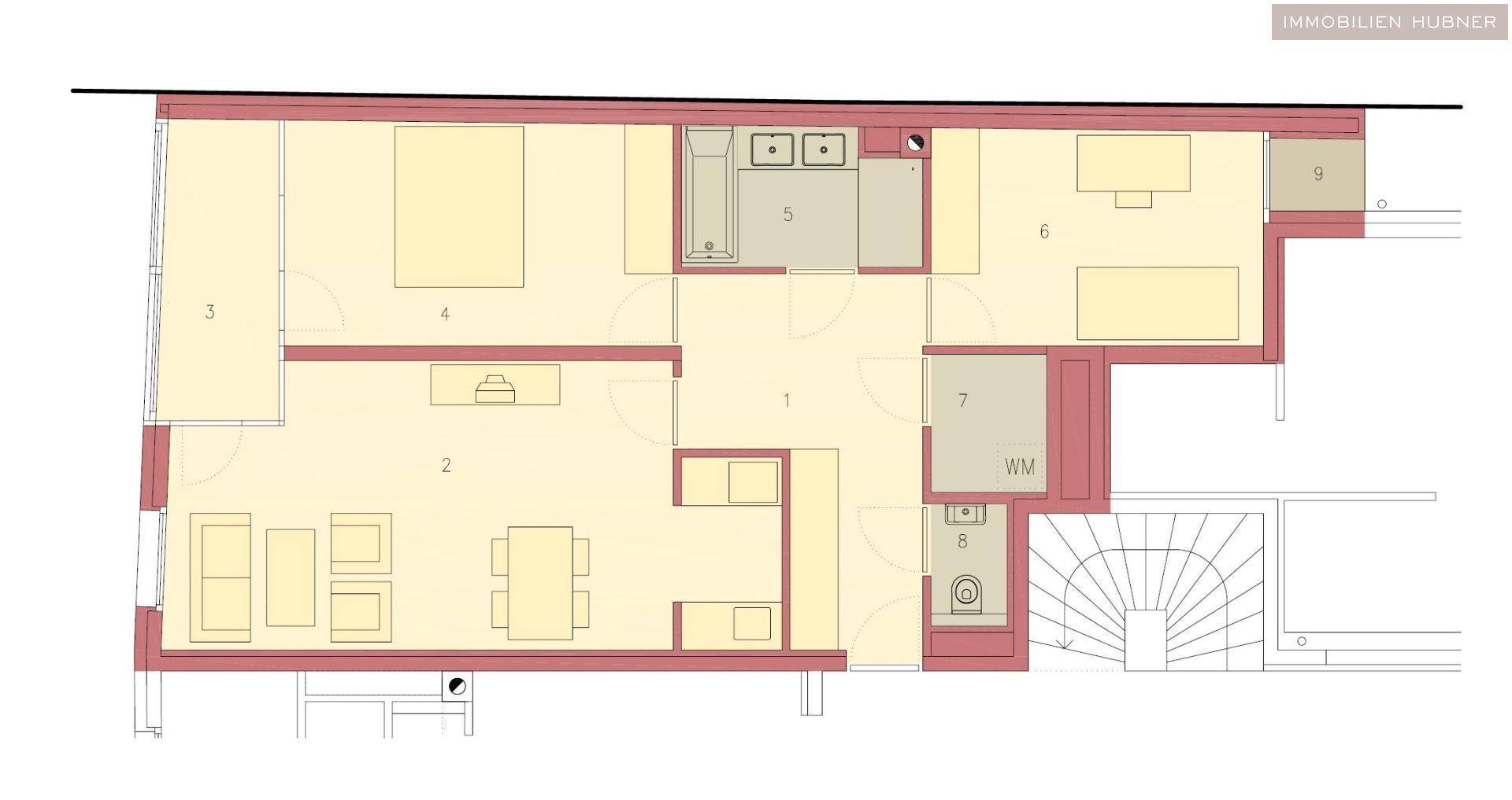 Detaillierter Grundriss der Wohnung mit mehreren Zimmern und offenem Wohnbereich.