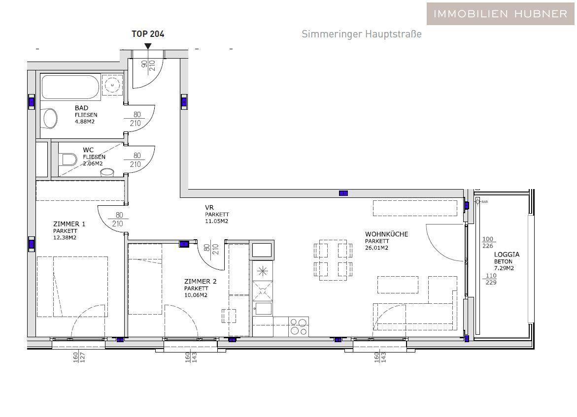 Grundriss der Wohnung mit Wohnküche, zwei Zimmern, Bad, WC und Loggia.