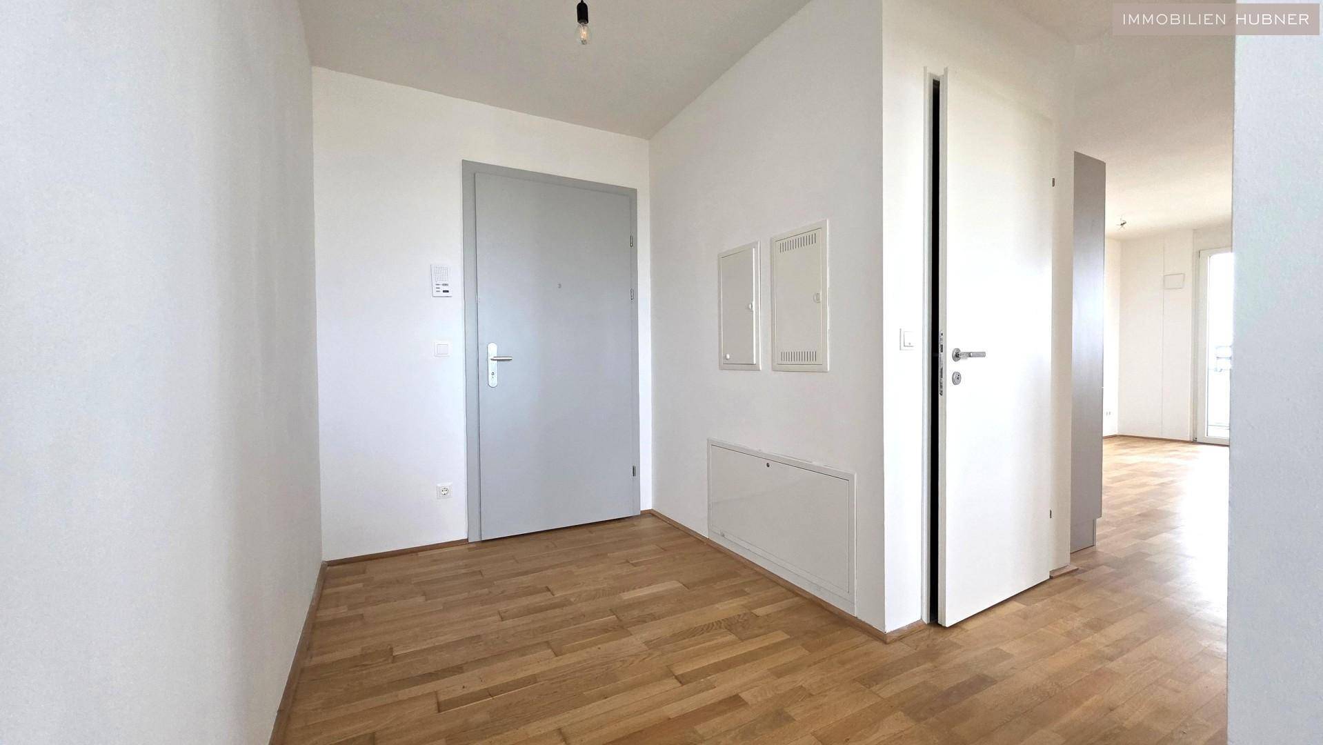 Heller Eingangsbereich mit Parkettboden und einer modernen Wohnungstür, die in den Wohnbereich führt.