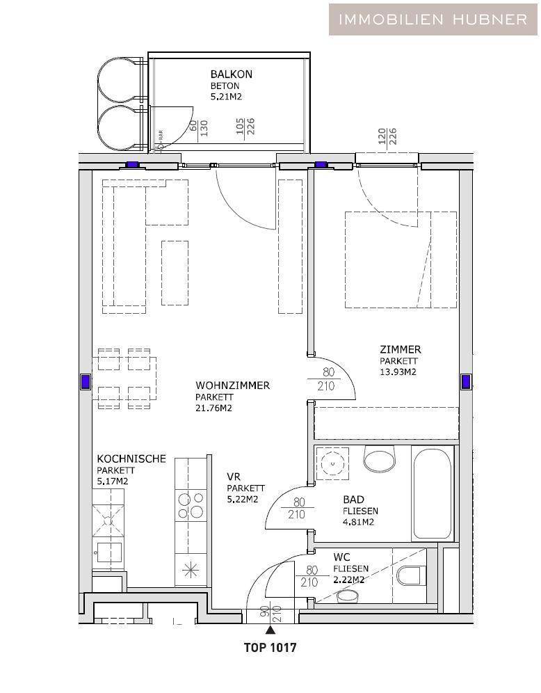 Grundriss einer Wohnung mit Wohnzimmer, Kochnische, Schlafzimmer, Bad und Balkon.
