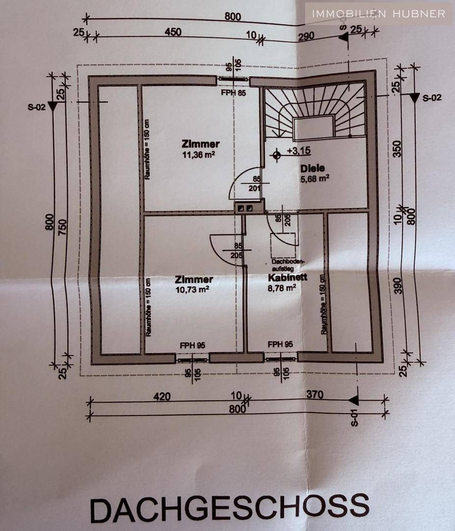 Grundriss des Dachgeschosses mit Diele, zwei Zimmern und einem Kabinett.