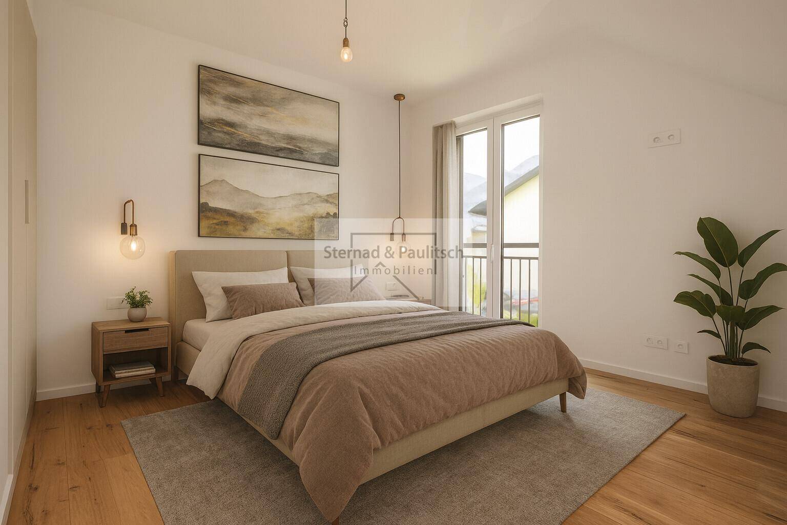 Modern eingerichtetes Schlafzimmer mit Holzboden, Doppelbett und Zugang zu einem französischen Balkon.