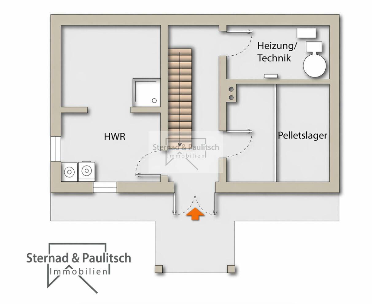 Vereinfachter Grundriss des Kellergeschosses mit Hauswirtschaftsraum und Pelletslager.