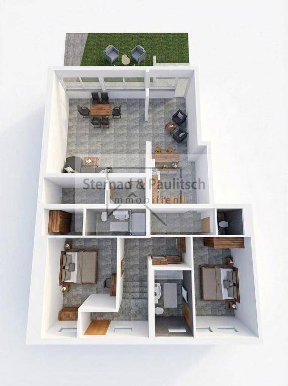 Dreidimensionaler Grundriss einer Wohnung mit offenem Wohnbereich, zwei Schlafzimmern und einer Terrasse.