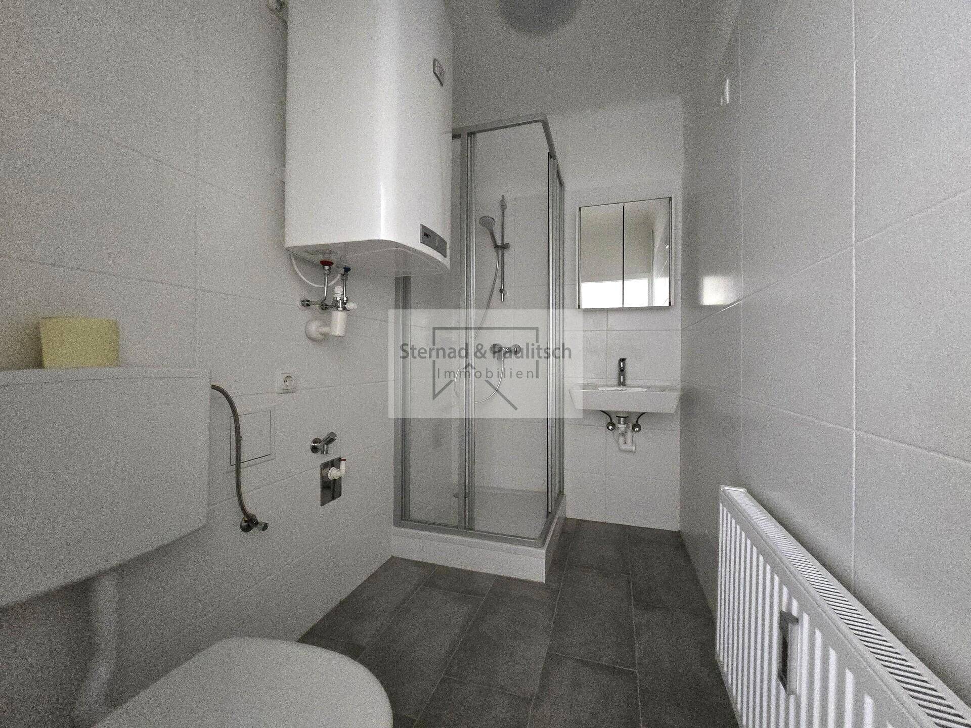 Modernes Badezimmer mit Duschkabine, WC, Waschbecken und Spiegelschrank, komplett gefliest.