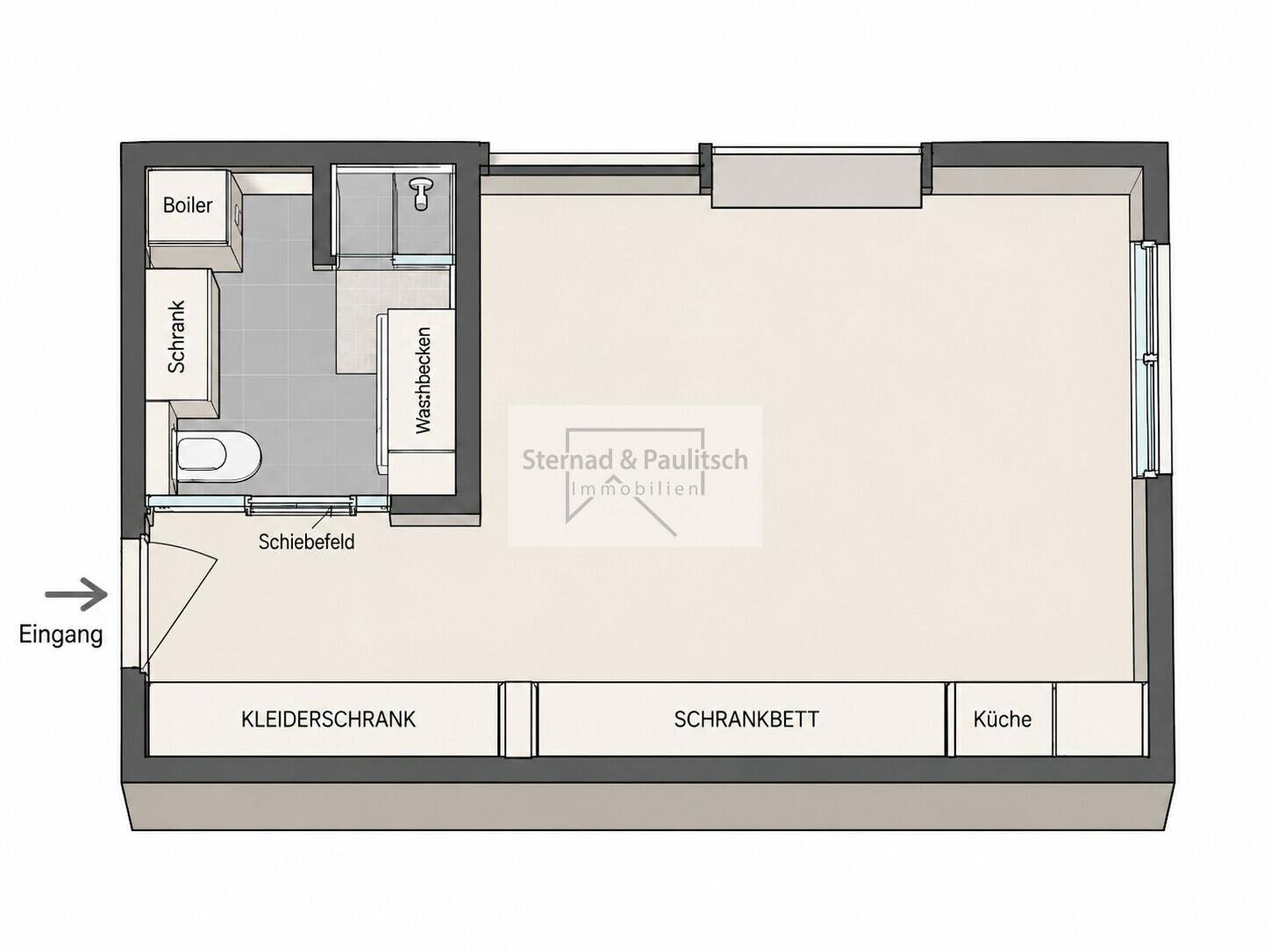 Grundriss einer Studio-Wohnung mit Bad, Küche und flexiblem Wohn-/Schlafbereich.