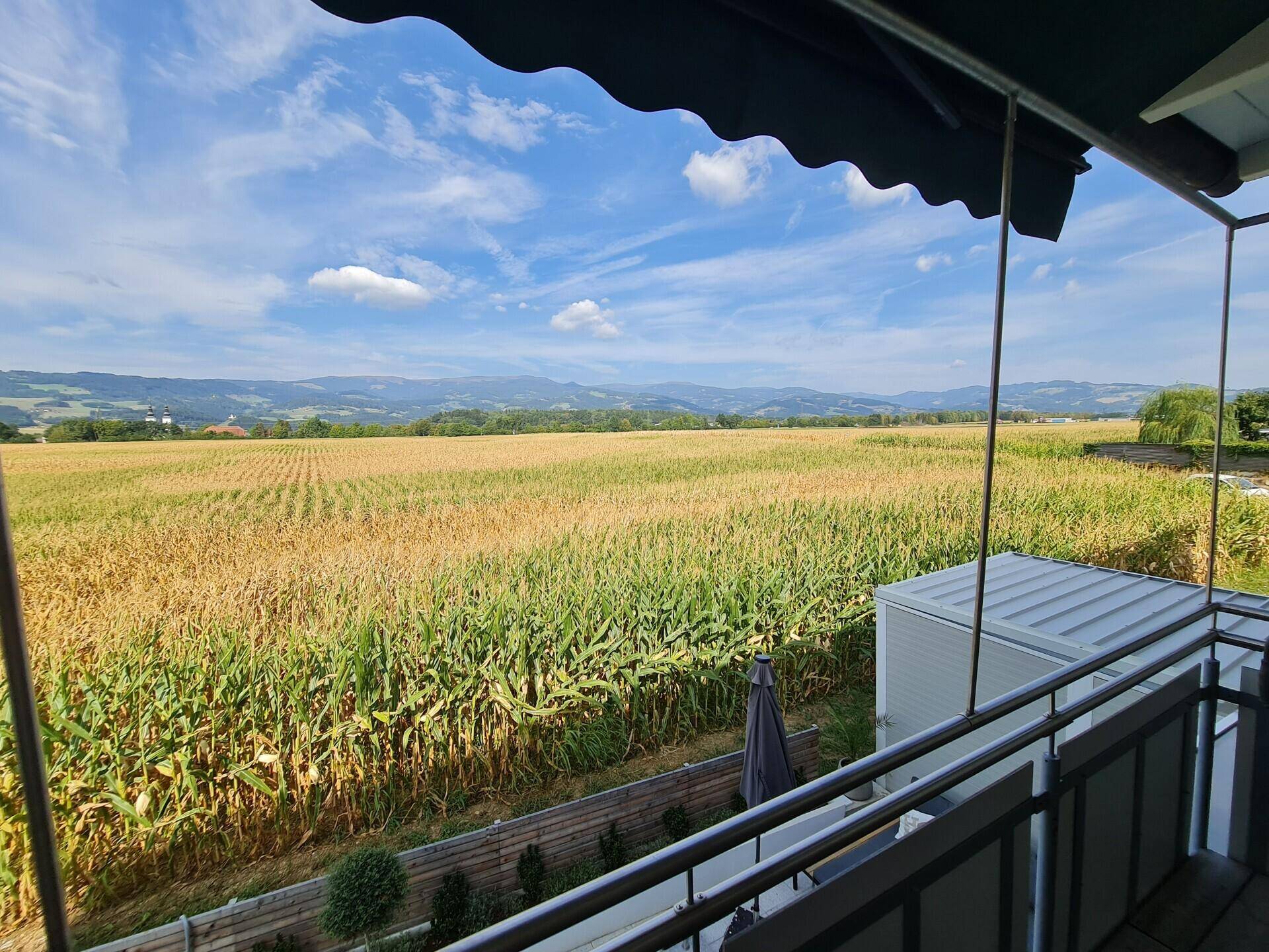 Balkon mit weitem Ausblick über goldene Felder und sanfte Hügel unter blauem Himmel.