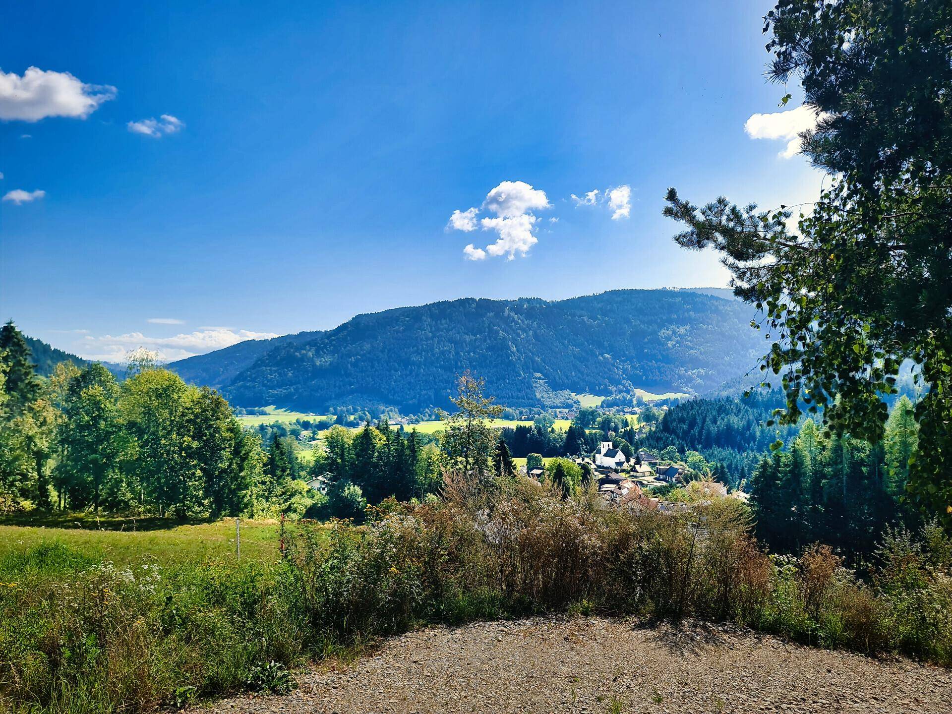 Panoramablick auf ein idyllisches Dorf in einem Tal, umgeben von bewaldeten Bergen und üppiger Natur.