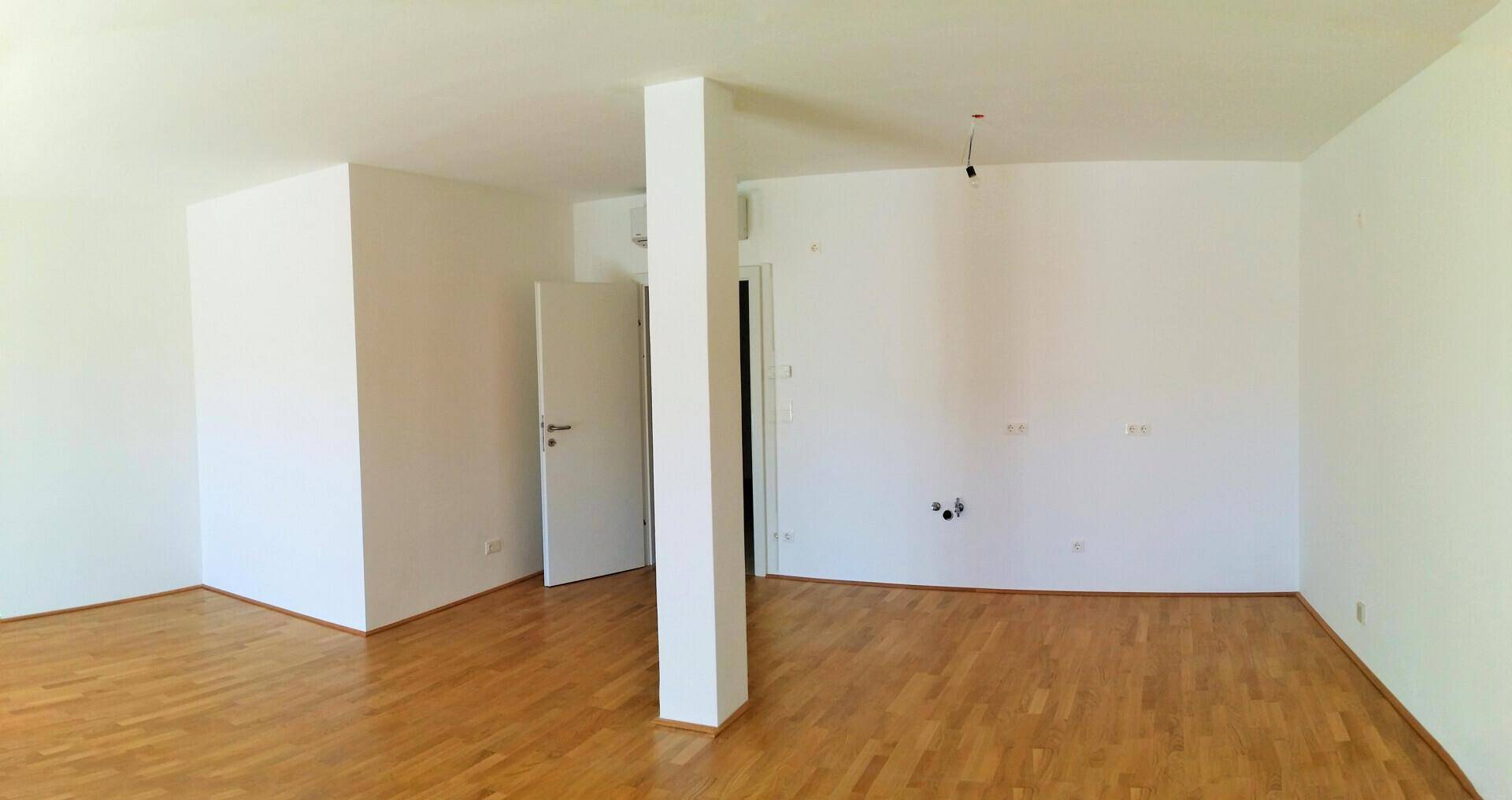 Geräumiger, heller Raum mit Holzboden und weiß gestrichenen Wänden, ideal für Wohnzwecke.