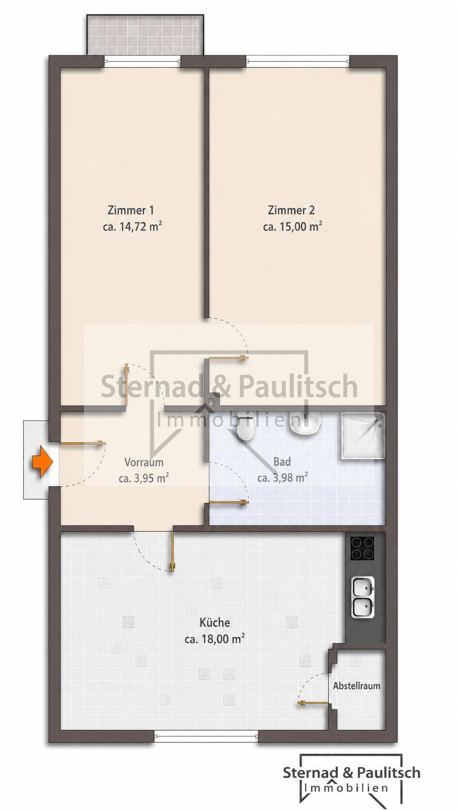 Grundriss einer Wohnung mit zwei Zimmern, Küche, Bad und separatem Abstellraum.