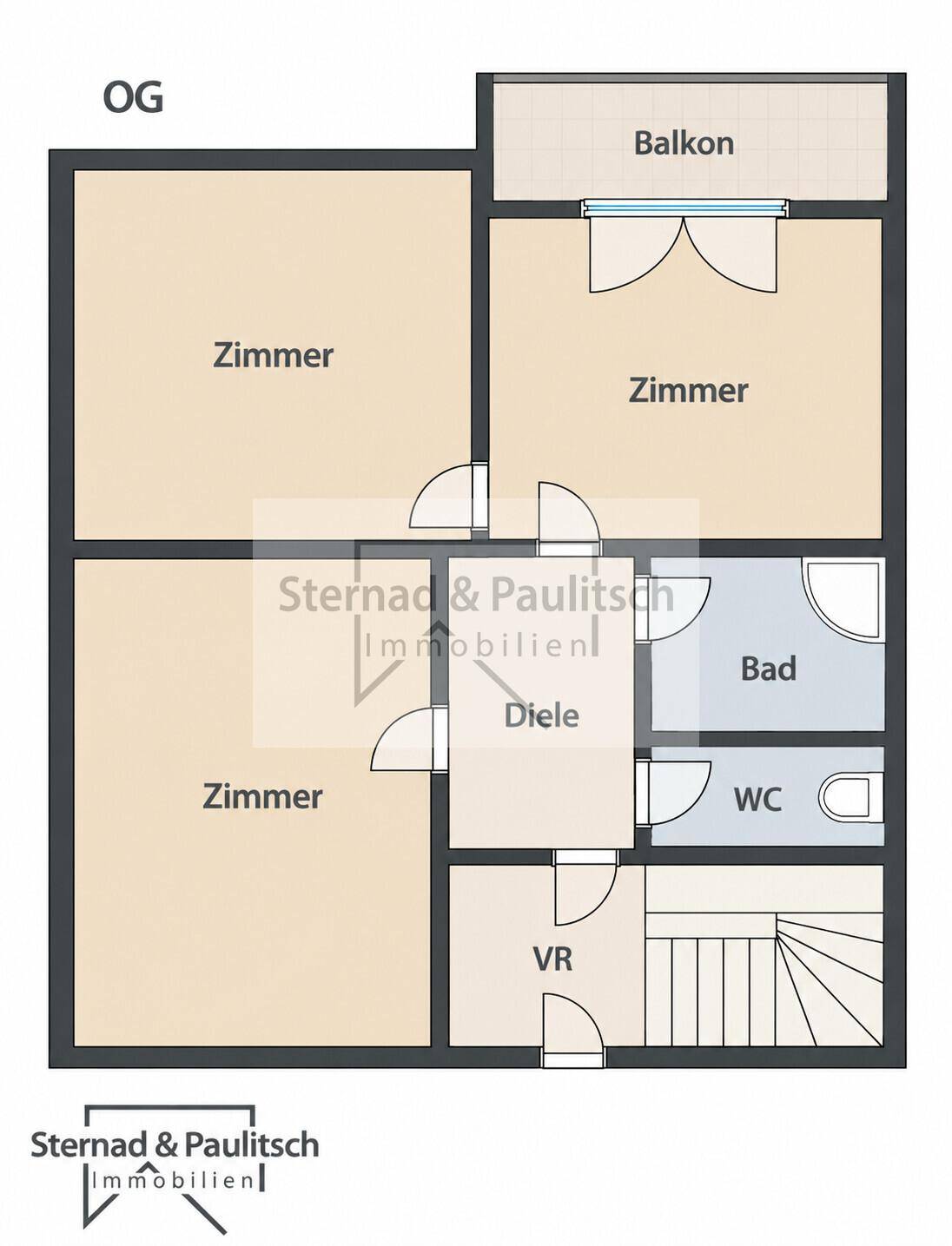 Grundriss des Obergeschosses mit drei Zimmern, Bad, separatem WC und Balkon.