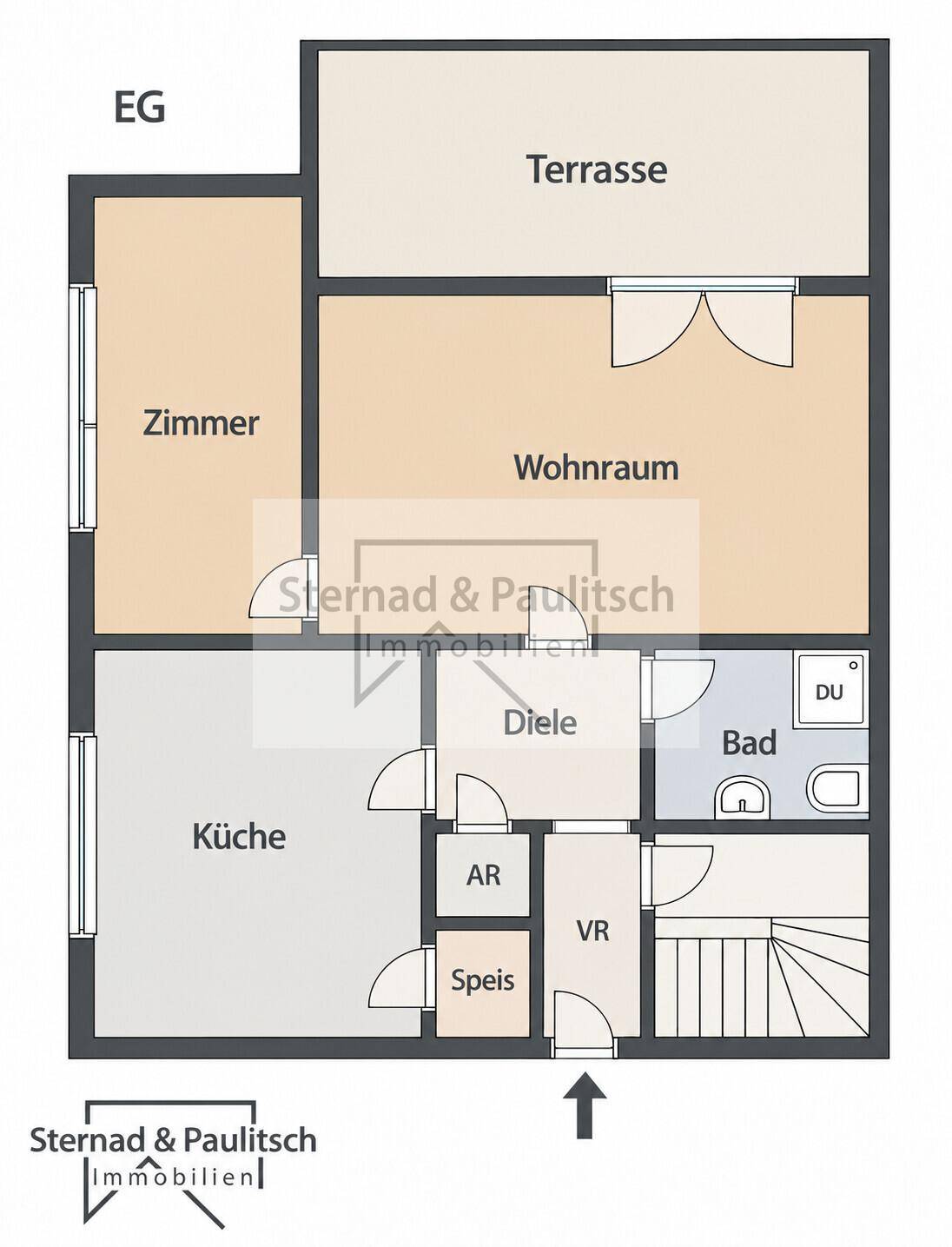 Grundriss des Erdgeschosses mit Küche, Wohnraum, Zimmer, Bad und Terrasse.