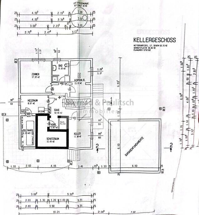 Grundriss des Kellergeschosses mit Heizraum, Wirtschaftsraum und zusätzlichem Zimmer.