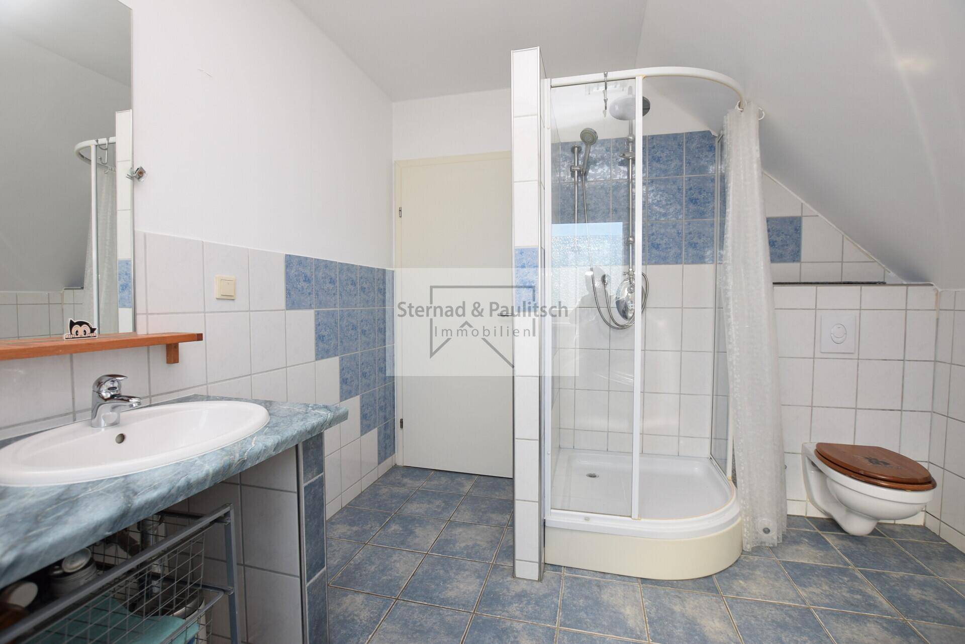 Badezimmer mit Dusche, WC und blauen Fliesen im Dachgeschoss.