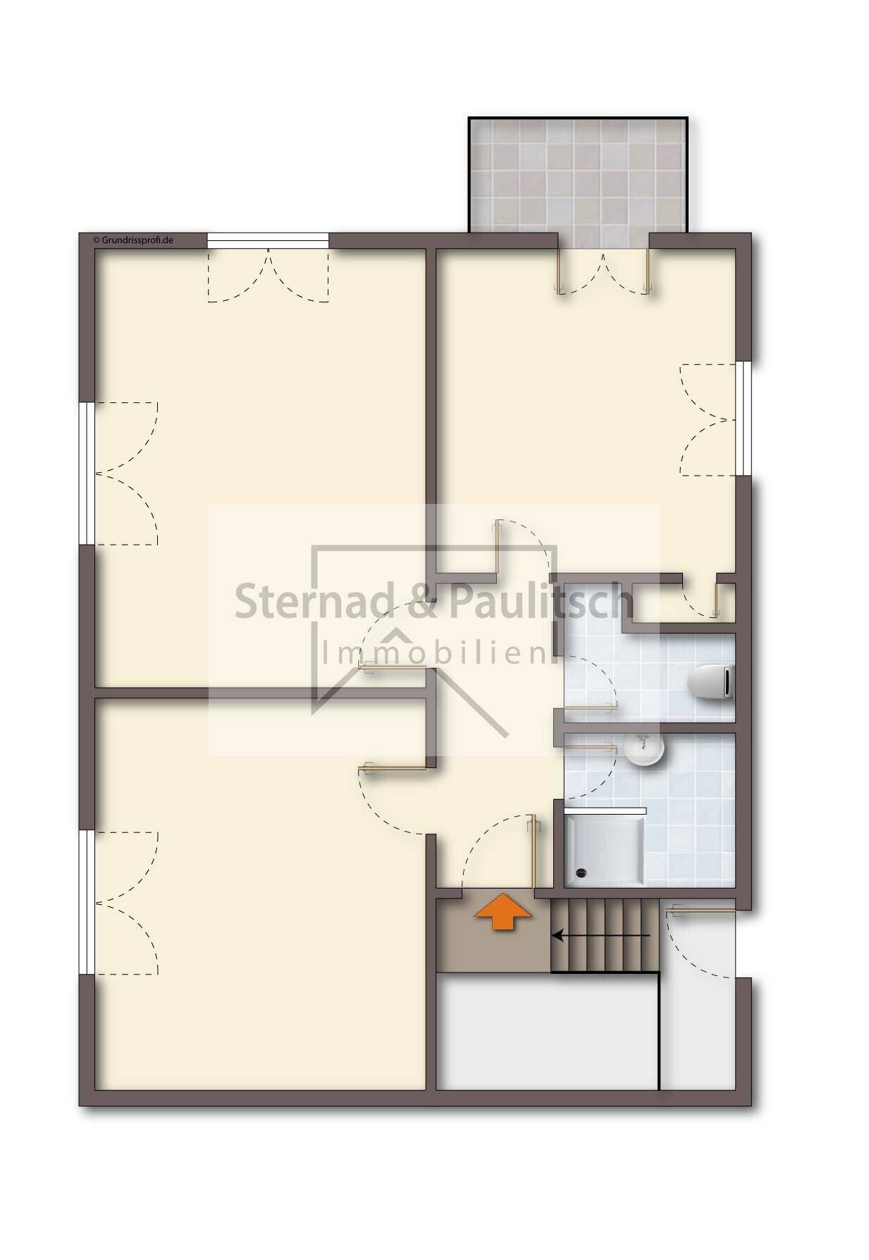 Unmöblierter Grundriss mit zwei Schlafzimmern, einem Badezimmer und einem Balkon.