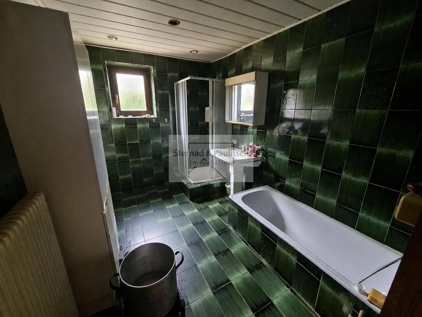 Badezimmer mit dunkelgrünen Fliesen, Badewanne, Duschkabine und Fenster.