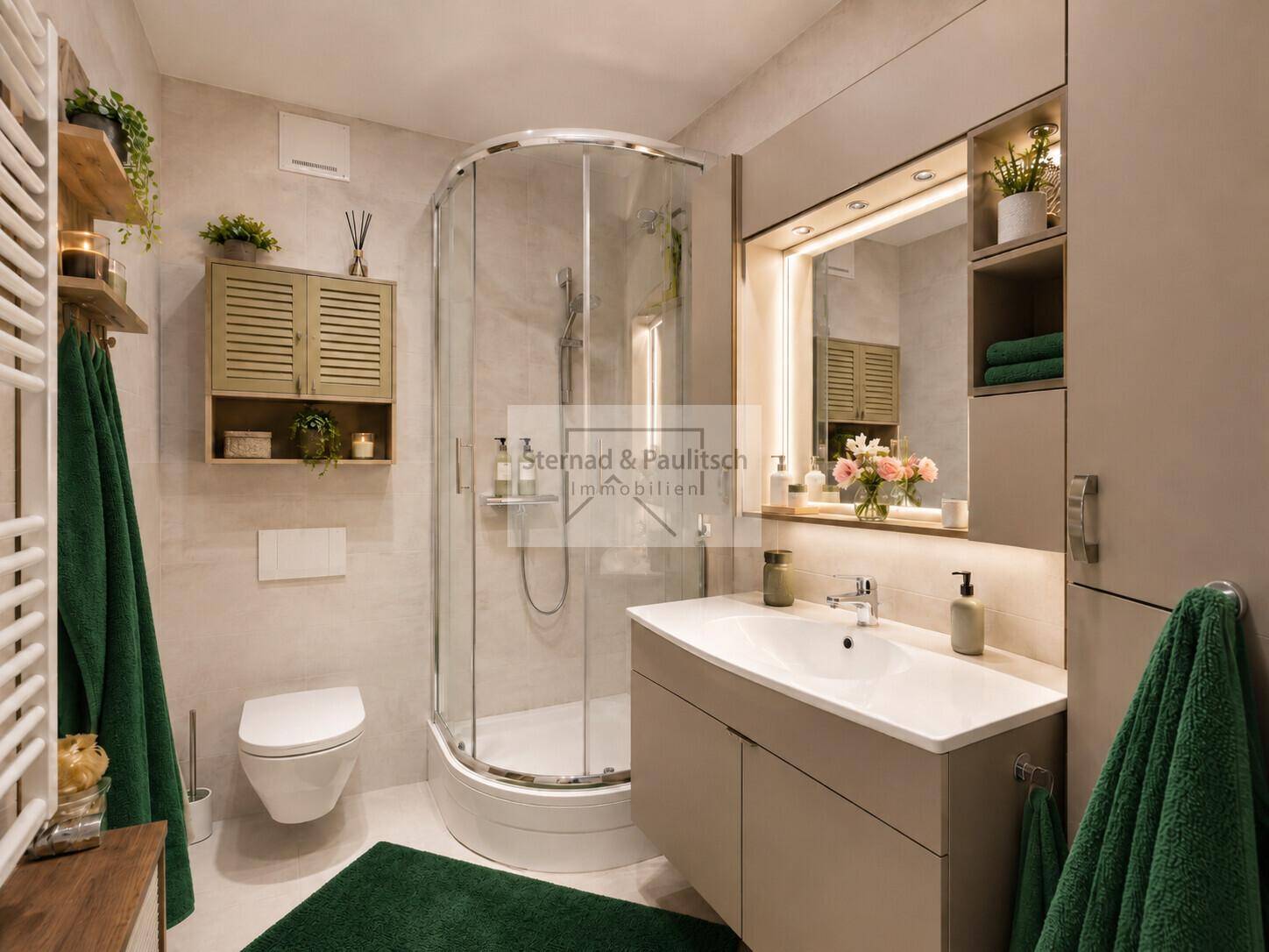 Modernisiertes Badezimmer mit Duschkabine, eleganten Fliesen und beheiztem Handtuchhalter.