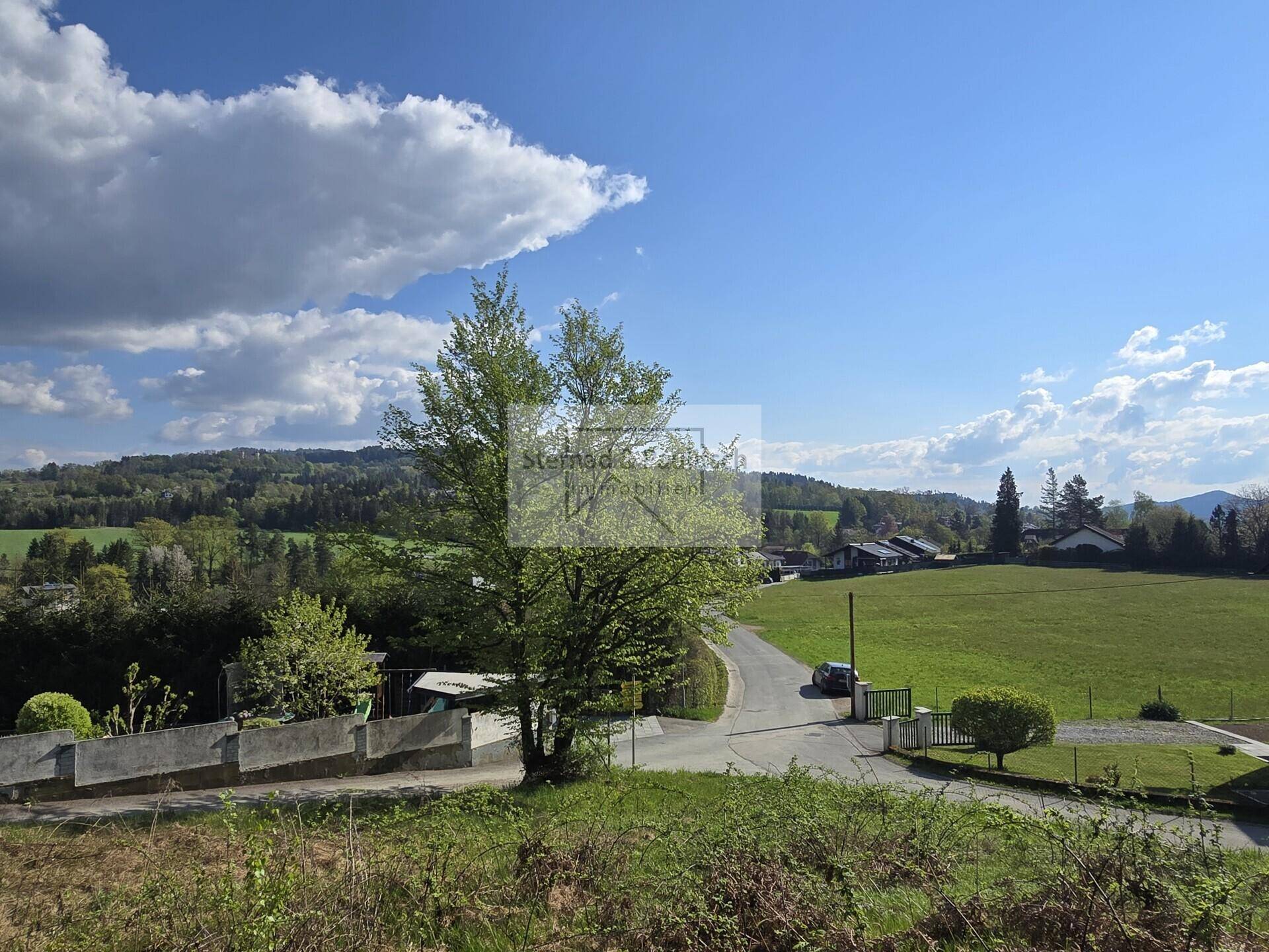 Panoramablick über grüne Felder und Wälder mit einer Straße und Häusern in der Ferne.