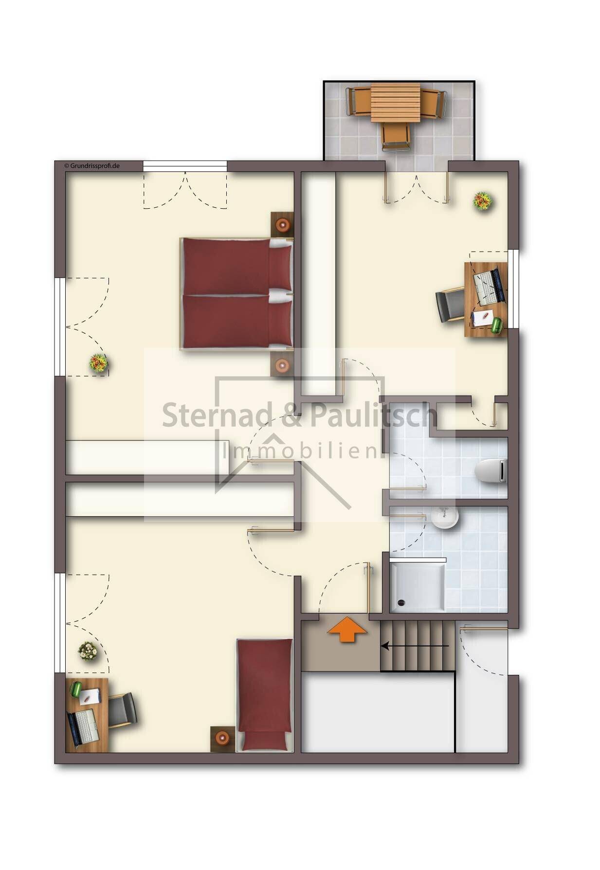 Möblierter Grundriss mit zwei Schlafzimmern, einem Badezimmer und einem Balkon.