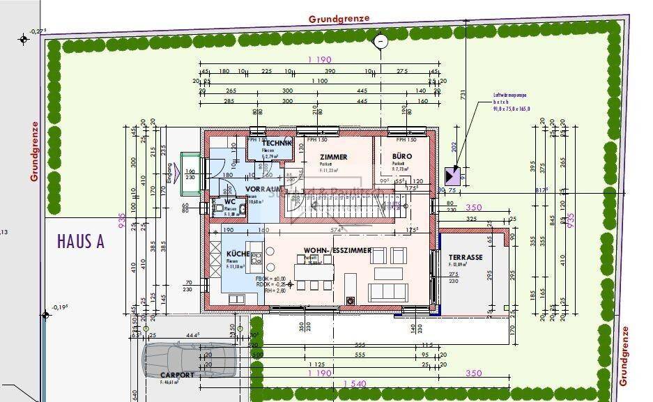 Grundriss des Erdgeschosses mit Wohn-Esszimmer, Küche, Büro und Terrasse.