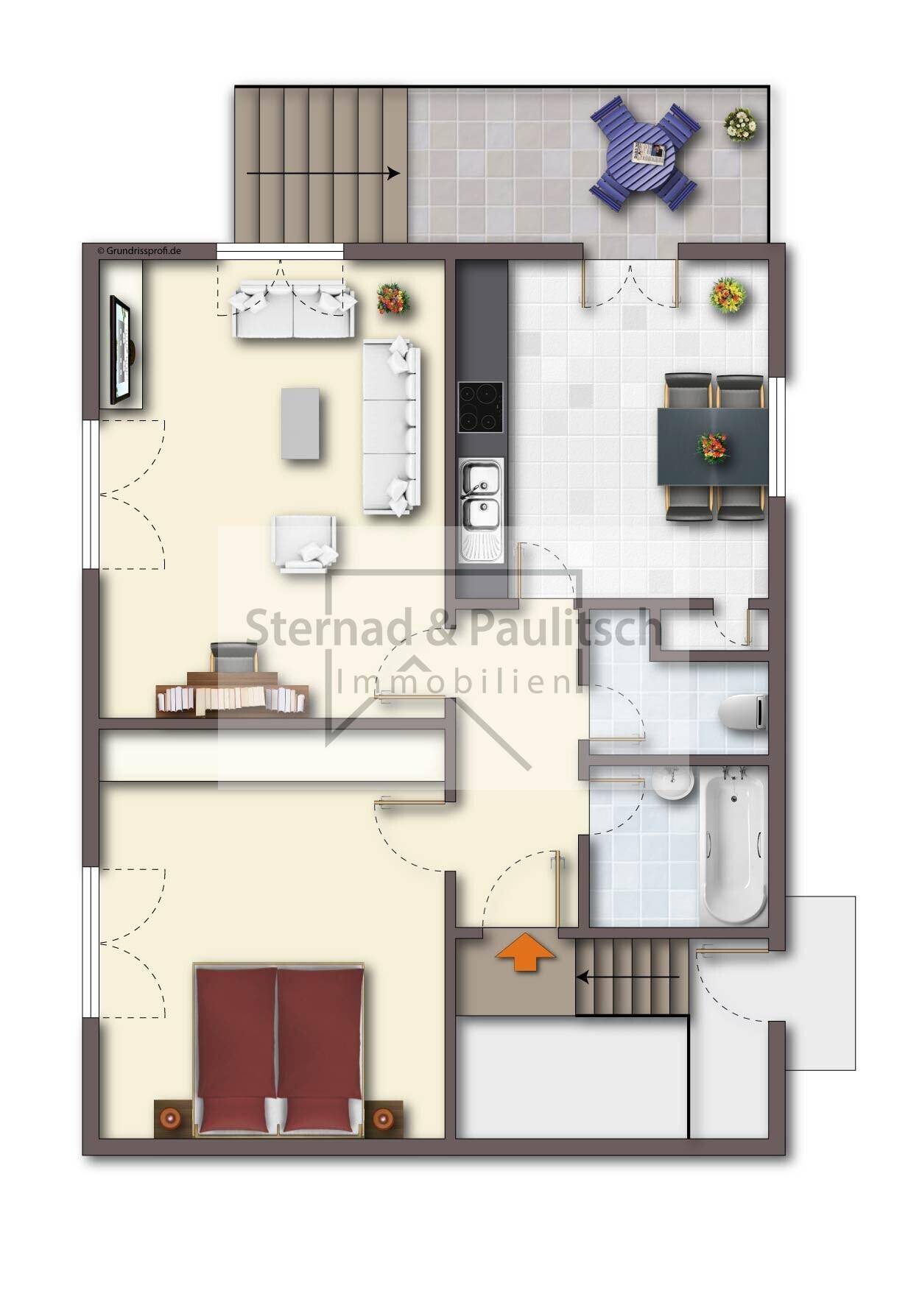 Grundriss des Erdgeschosses mit Wohnbereich, Küche, Bad und Balkon.