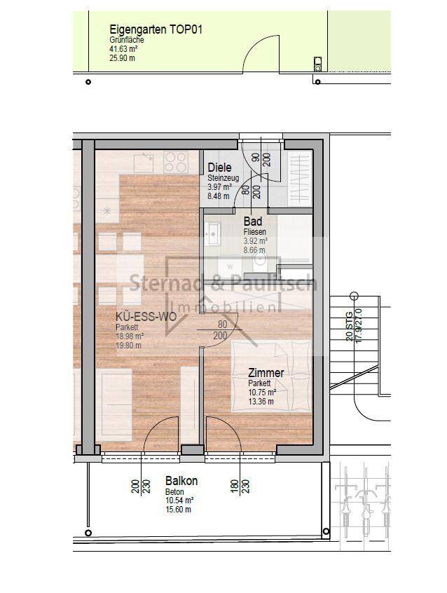 Grundriss einer Wohnung mit Balkon, Gartenanteil und offenem Wohn-Essbereich, gut aufgeteilt.