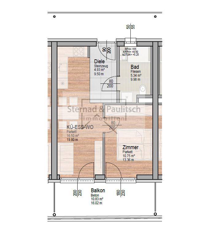 Grundriss einer Wohnung mit Balkon, Bad und offenem Wohn-Essbereich, inklusive separatem Zimmer.