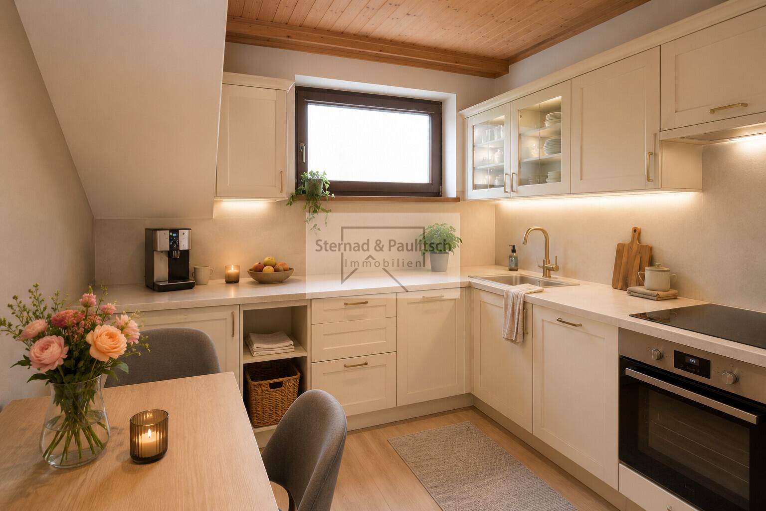 Modernisierte Dachgeschossküche mit hellen Schränken, Holzboden und integrierten Geräten.
