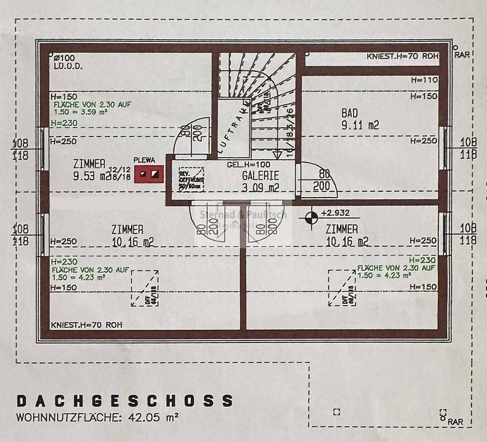 Grundriss des Dachgeschosses mit drei Zimmern, Bad und Galerie.