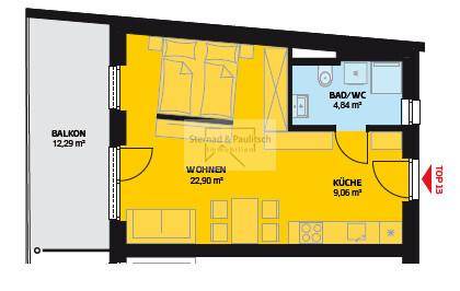 Farbiger Grundriss einer Wohnung mit Balkon, Bad/WC und offenem Wohnbereich, modern dargestellt.