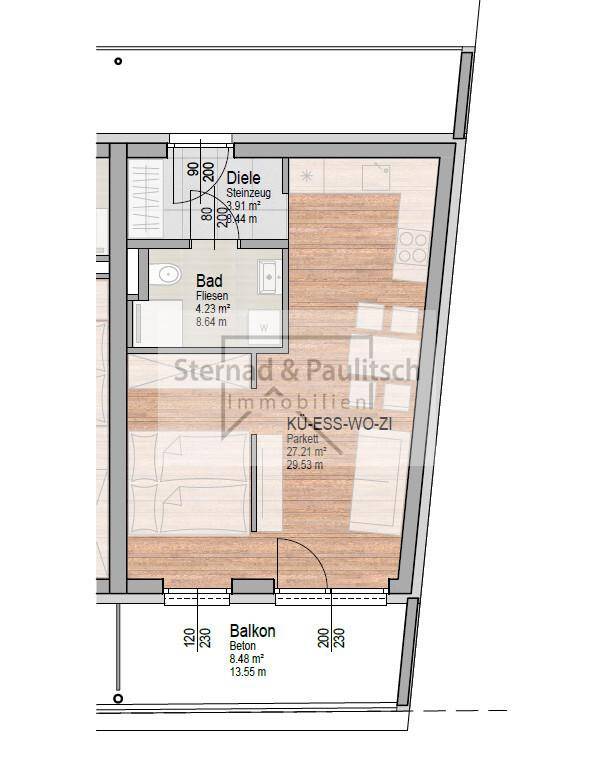 Grundriss einer Wohnung mit Balkon, Bad und offenem Wohn-Essbereich, effiziente Raumaufteilung.