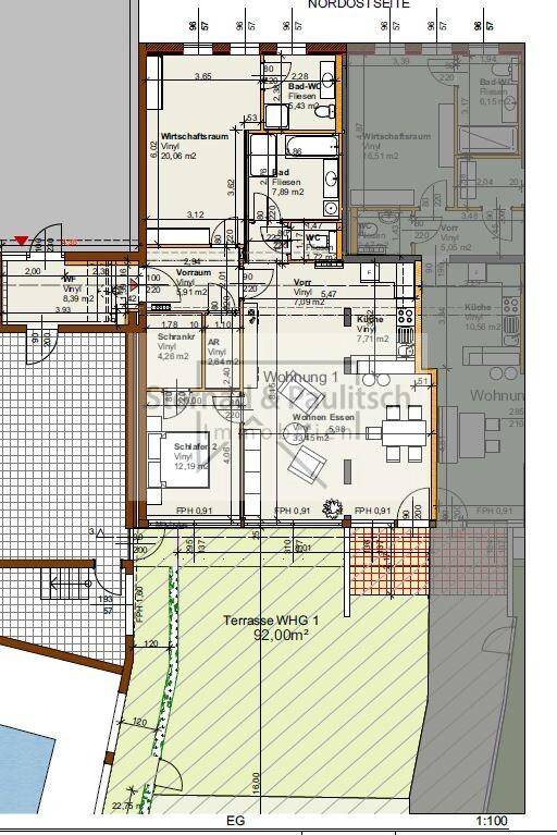Detaillierter Grundriss der Wohnung 1 mit Terrasse und Gartenbereich im Erdgeschoss.