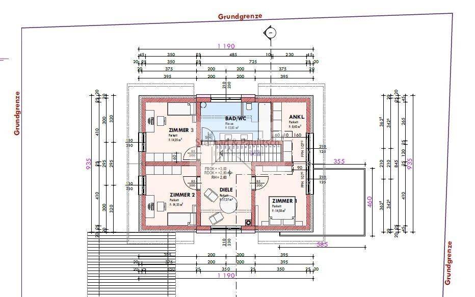 Grundriss des Obergeschosses mit drei Schlafzimmern, Bad und Ankleidezimmer.