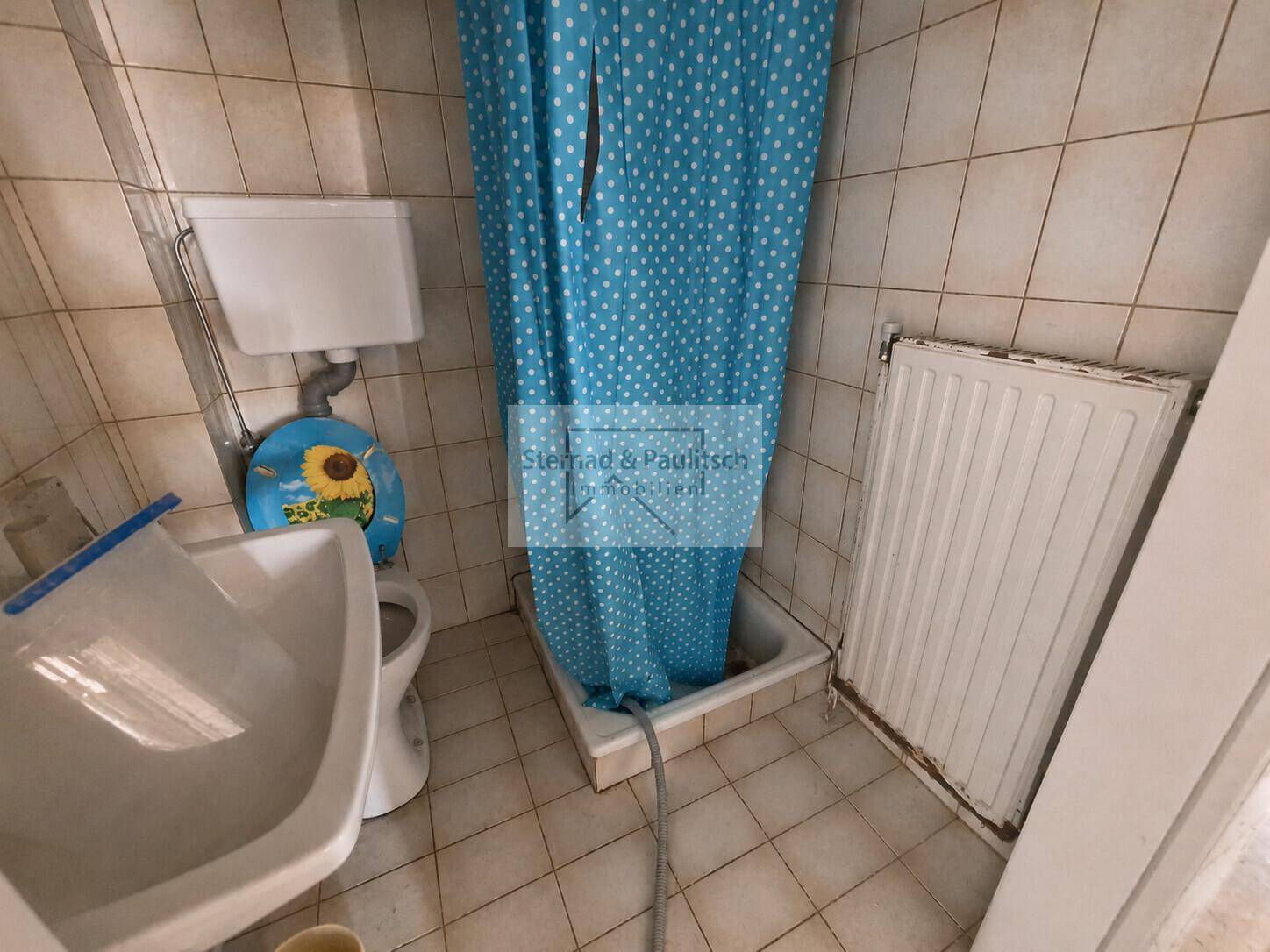 Kleines Badezimmer mit Dusche, WC und Waschbecken, ausgestattet mit einem Heizkörper.