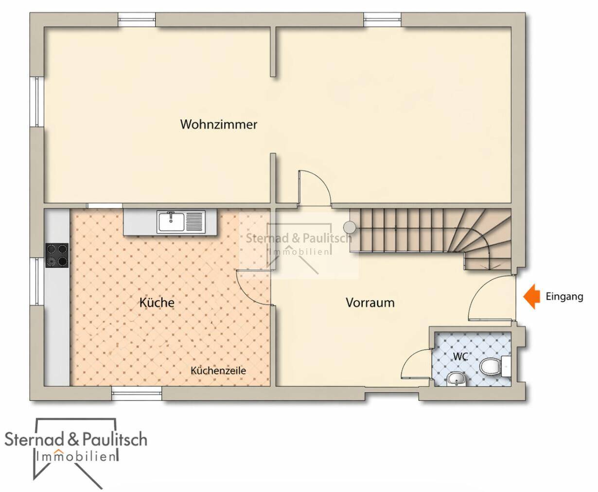 Vereinfachter Grundriss des Erdgeschosses mit Wohnzimmer, Küche und Gäste-WC.