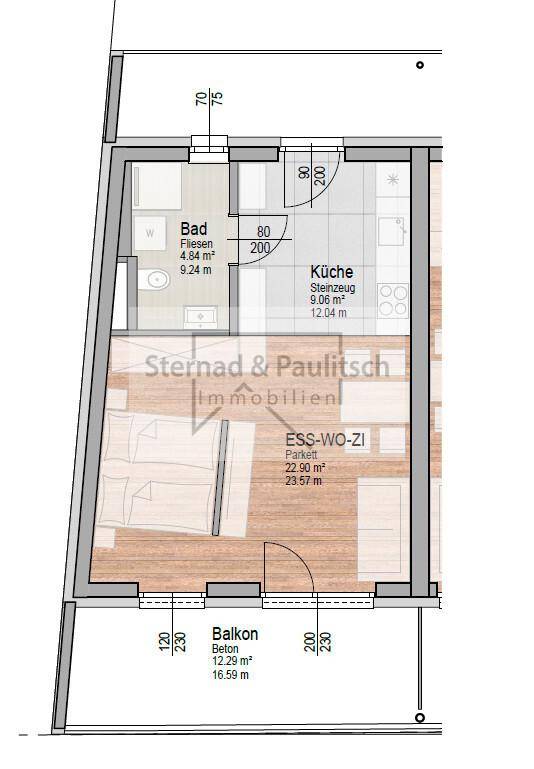 Grundriss einer Wohnung mit Balkon, Bad und offenem Wohn-Essbereich, mit Schlafzimmer.