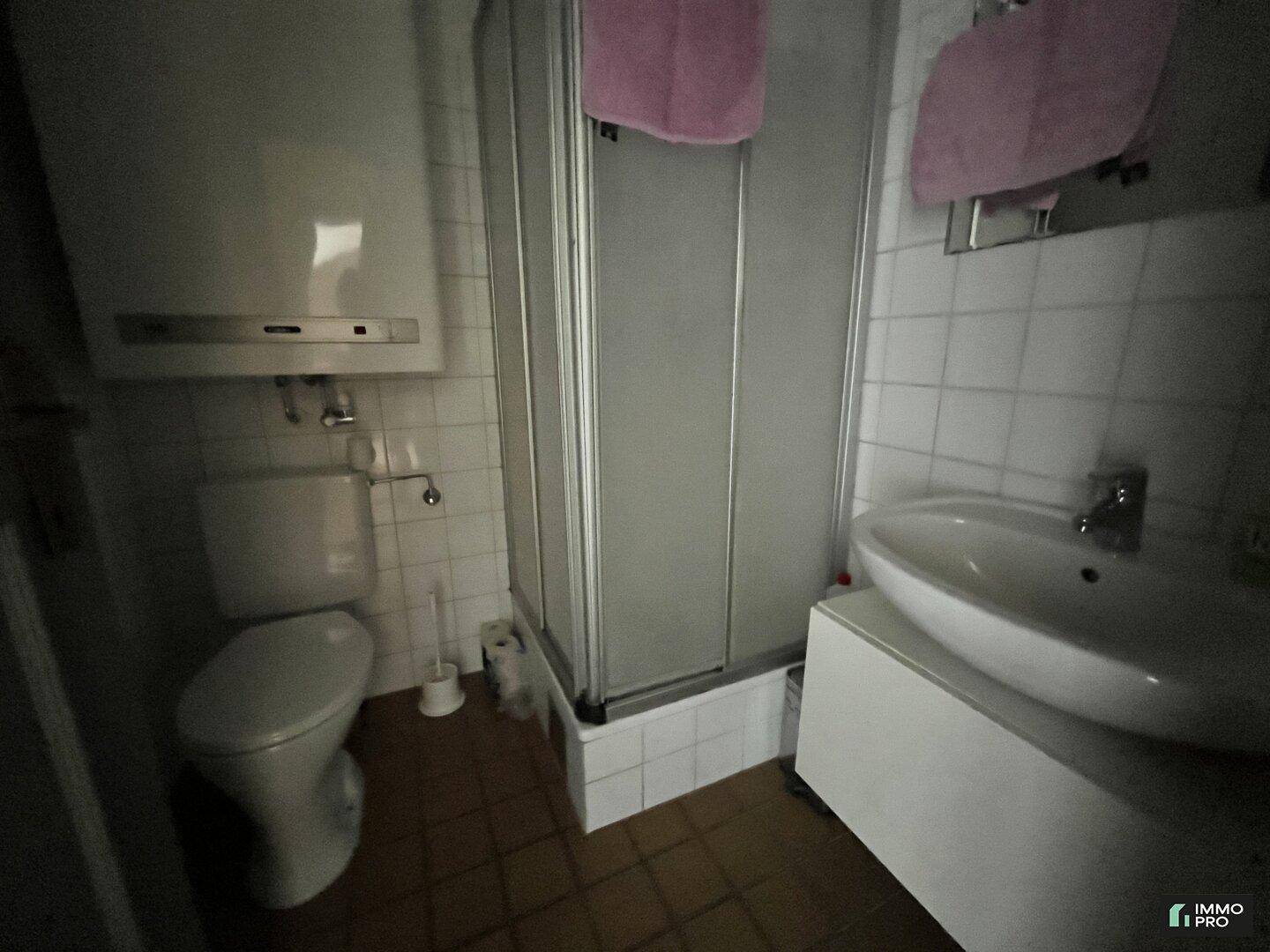 Kleines Badezimmer mit Dusche, WC und Waschbecken, funktional und hell gefliest.