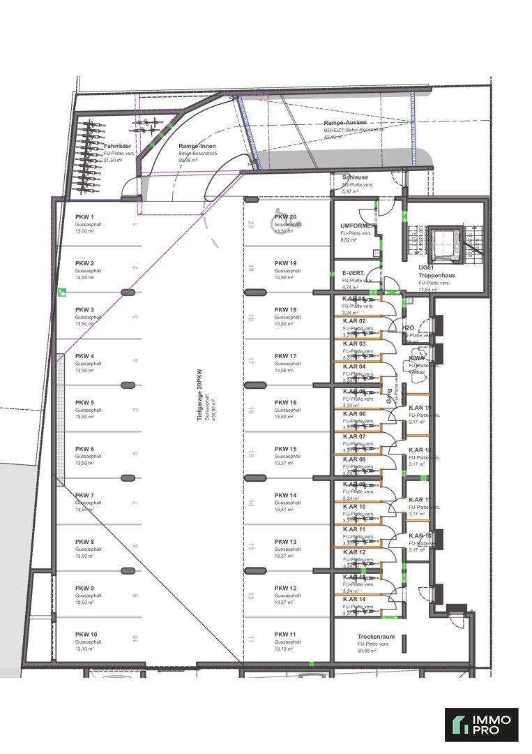 Grundrissplan einer Tiefgarage mit zahlreichen Stellplätzen und einem Fahrradraum.