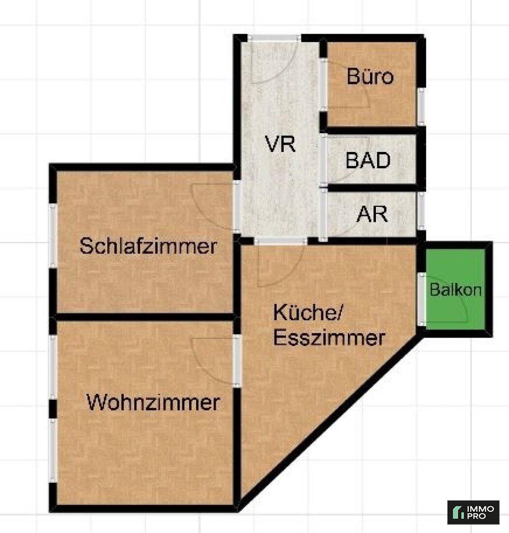 Grundriss einer Wohnung mit Schlafzimmer, Wohnzimmer, Küche/Esszimmer, Büro, Bad und Balkon.