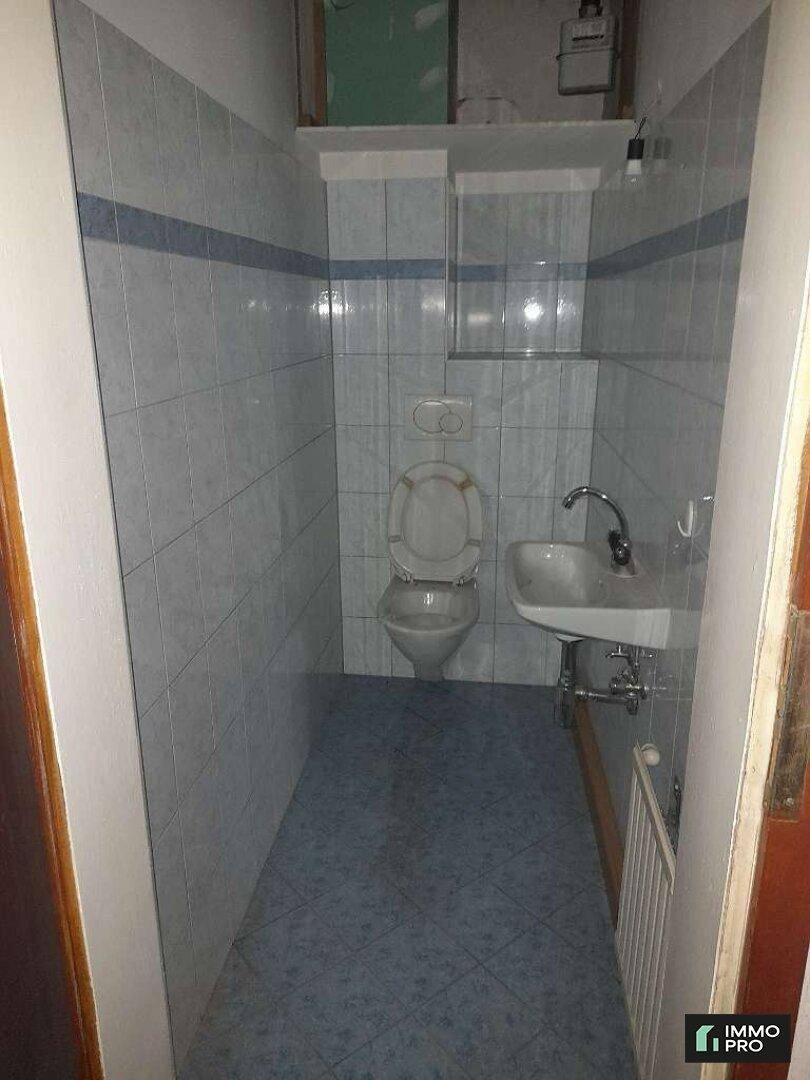 Kleines WC mit blauen und weißen Fliesen, Toilette und Handwaschbecken.