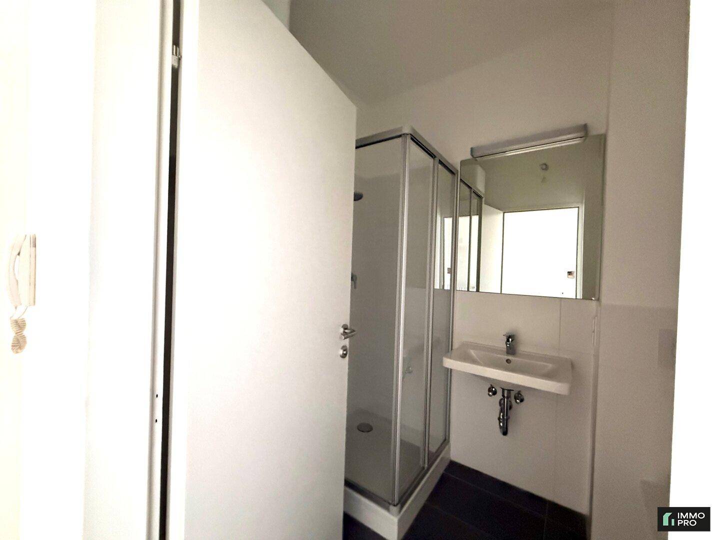 Kleines Badezimmer mit Duschkabine, Waschbecken und Spiegel, funktional und hell gestaltet.